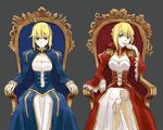  ahoge artoria_pendragon_(all) bad_id bad_pixiv_id blonde_hair blue_eyes breasts cleavage crossed_legs dress epaulettes fate/extra fate/stay_night fate_(series) greaves green_eyes hair_ribbon highres juliet_sleeves long_sleeves medium_breasts multiple_girls nero_claudius_(fate) nero_claudius_(fate)_(all) okome_(amehare) puffy_sleeves ribbon saber see-through sitting small_breasts throne 