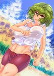  abs bare_shoulders bike_shorts bouncing_breasts breasts cameltoe covered_nipples dutch_angle flower kazami_yuuka large_breasts midriff navel red_eyes running solo sunflower sweat touhou unaligned_breasts wakura_(gcdan) 