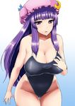  breasts cleavage collarbone crescent hand_on_own_chest hat highleg highleg_swimsuit ishimiso_(ishimura) large_breasts long_hair one-piece_swimsuit patchouli_knowledge purple_eyes purple_hair school_swimsuit solo swimsuit touhou 