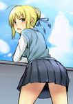  artoria_pendragon_(all) blonde_hair blush fate/zero fate_(series) from_behind kosuke_haruhito leaning saber school_uniform solo sweat sweater_vest 