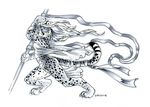  cheetah feline female heather_bruton loincloth mammal monochrome plain_background polearm solo staff white_background 