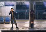  1girl bad_id bad_pixiv_id black_hair blazer cellphone chair closed_eyes coat crying grin hand_in_pocket highres jacket kneehighs loafers long_hair night original pants phone plaid plaid_scarf sad scarf senni shoes short_hair skirt smile snow snowing standing talking_on_phone tears toggles train_station winter_clothes 