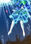  backpack bag bare_legs blue_eyes blue_hair bubble hair_bobbles hair_ornament hat highres kawashiro_nitori key outstretched_arms skirt solo tajima_yuuki touhou two_side_up underwater 