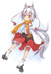  animal_ears arashiya blush detached_sleeves hat inubashiri_momiji orange_scarf red_eyes scarf short_hair solo tail tokin_hat touhou white_hair wide_sleeves wolf_ears wolf_tail 