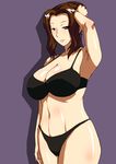  bra breasts brown_hair cleavage copyright_request donson highres large_breasts panties simple_background smile solo underwear underwear_only 