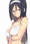  bikini bikini_top black_hair blue_eyes blush_stickers breast_hold breasts cleavage front-tie_top hair_between_eyes hairband hyouka irisu_fuyumi large_breasts long_hair looking_at_viewer shiny shiny_skin shirabi simple_background solo swimsuit underboob upper_body white_background 