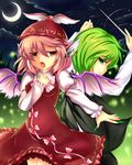  :o animal_ears antennae bug cape claws conductor crescent_moon dress earrings fingernails firefly green_hair hand_on_own_chest hat insect jewelry kuro_(baseball0000) long_fingernails looking_back moon multiple_girls music mystia_lorelei night night_sky pink_hair red_dress singing sky touhou wings wriggle_nightbug 