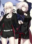  2girls ahoge arm_up artoria_pendragon_(all) banner belt black_dress black_jacket black_shorts black_tank_top blonde_hair blue_coat breasts closed_mouth coat dark_excalibur dress fate/grand_order fate_(series) fur-trimmed_coat fur_trim highres jacket jeanne_d&#039;arc_(alter)_(fate) jeanne_d&#039;arc_(fate)_(all) jewelry large_breasts looking_at_viewer multiple_girls necklace open_clothes open_coat open_jacket open_mouth saber_alter shiguru short_dress short_hair shorts slit_pupils sword thighs tied_hair weapon white_background wicked_dragon_witch_ver._shinjuku_1999 yellow_eyes 