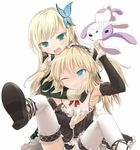  alternate_legwear blonde_hair blue_eyes boku_wa_tomodachi_ga_sukunai butterfly_hair_ornament dress fang frills hair_ornament hairband haribote_(tarao) hasegawa_kobato kashiwazaki_sena lolita_fashion lolita_hairband long_hair multiple_girls one_eye_closed school_uniform smile st._chronica_academy_uniform stuffed_animal stuffed_bunny stuffed_toy tears thighhighs two_side_up 