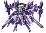  armor armored_boots blue+ bodysuit boots green_eyes green_hair gun highres machinery mecha_musume mechanical_wings original simple_background thigh_boots thighhighs weapon white_background wings 