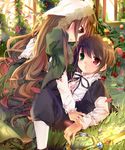  androgynous blush brown_hair dress flower grass green_eyes heterochromia llaoi_h long_hair looking_at_another lying multiple_girls on_back on_person pantyhose red_eyes rozen_maiden scissors siblings sisters souseiseki suiseiseki twins 