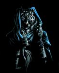  black_background blue_eyes bracelet cloak dark feline female heather_bruton jewelry leopard mammal night plain_background snow_leopard solo 