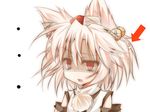  1girl animal_ears bad_id bad_pixiv_id bags_under_eyes daidai_ookami detached_sleeves hair_ornament hat highres inubashiri_momiji open_mouth price_tag red_eyes short_hair silver_hair slit_pupils solo tokin_hat touhou white_background wolf_ears 