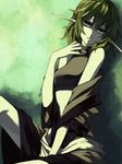  bare_shoulders green_eyes green_hair long_pointy_ears mizuhashi_parsee navel off_shoulder pointy_ears shiren_(monochrome_structure) short_hair sitting sleeveless solo touhou 
