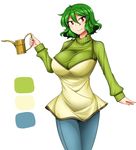  alternate_costume breasts color_guide green_hair green_shirt huge_breasts kazami_yuuka red_eyes shirt short_hair simple_background smile solo sweater touhou unadare watering_can 