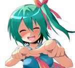  :d blush closed_eyes daiyousei fairy_wings foreshortening green_hair kuromu_(underporno) long_hair necktie open_mouth pointing pointing_at_viewer side_ponytail smile solo touhou wings 