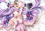  blush book breasts crescent dress hair_ribbon hat large_breasts long_hair looking_at_viewer lying on_back patchouli_knowledge purple_eyes purple_hair ribbon solo striped striped_dress sugiyuu touhou vertical_stripes 