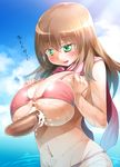  1girl bikini breast_squeeze breasts brown_hair censored cum cum_on_body cum_on_breasts cum_on_clothes cum_on_upper_body green_eyes huge_breasts long_hair matsumi_yuu mound_of_venus navel ndotti1 ocean open_mouth paizuri paizuri_under_clothes penis penis_under_clothes pink_bikini saki saki_achiga-hen standing summer swimsuit water wet 