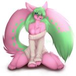  big_tail blue_eyes breasts cleavage clothed clothing female green_fur green_hair hair kneeling pink_fur plain_background skimpy solo sweater white_background wolfroxy 