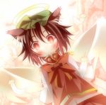  angel_wings animal_ears blush bow brown_hair cat_ears chen daidai_ookami earrings feathers halo highres jewelry navel short_hair short_sleeves smile solo touhou wide_sleeves wings yellow_eyes 