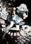  ace_of_spades apron awa_toka braid card green_eyes izayoi_sakuya knife maid_headdress playing_card pocket_watch short_hair silver_hair solo thighhighs touhou twin_braids waist_apron watch wrist_cuffs zettai_ryouiki 