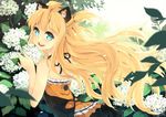  :d apron aqua_eyes blonde_hair dress flower hair_ornament highres hydrangea karpin leaf long_hair open_mouth petals seeu smile solo vocaloid 