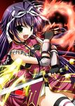  antenna_hair armor bare_shoulders dragon fang fingerless_gloves gloves green_eyes hair_ribbon long_hair lyrical_nanoha mahou_shoujo_lyrical_nanoha_vivid open_mouth pelvic_curtain purple_hair ribbon rio_wezley shinooka_itsuya sleeveless solfege solo sword thighhighs very_long_hair weapon 