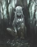  blue_skin demon forest hooves horns long_hair monochrome monster_girl muted_color nature nude original satyr sitting sketch solo toi_(number8) white_hair 