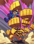  1boy alex_ahad capcom flying_sweatdrops grimace punching rockman rockman_(character) rockman_(classic) yellow_devil 