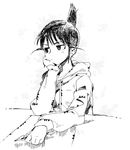  genshiken greyscale hood hoodie kitaya monochrome ogiue_chika pen short_hair sketch solo topknot 