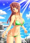  bikini bird blush breasts brown_hair cleavage cloud copyright_request d-n day front-tie_top green_bikini large_breasts lens_flare looking_at_viewer navel ocean parted_lips purple_eyes seagull shiny shiny_skin side-tie_bikini sky solo swimsuit undressing untied 
