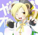  animal_ears blonde_hair blush fingerless_gloves gloves highres kemonomimi_mode kyougoku_touya looking_at_viewer mahou_shoujo_madoka_magica one_eye_closed open_mouth smile solo tomoe_mami 