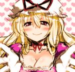  blonde_hair blush breasts choker cleavage closed_mouth face gloves hat heart heart_background incoming_hug large_breasts long_hair looking_at_viewer purple_eyes ribbon_choker roki_(hirokix) sketch smile solo touhou yakumo_yukari 