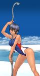  bang-you between_breasts black_hair blue_eyes breasts competition_swimsuit covered_navel covered_nipples dark_skin day eyebrows highres large_breasts legs lips one-piece_swimsuit original short_hair shower_head sideboob smile solo sweat swimsuit thighs toned wet 
