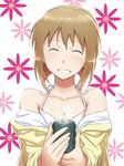  bare_shoulders blush breasts brown_hair cleavage closed_eyes cup flower grin hagiwara_yukiho idolmaster idolmaster_(classic) inu_(aerodog) jacket medium_breasts off_shoulder open_clothes open_jacket short_hair smile solo steam 