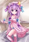  babydoll blush crescent hair_ribbon hat izumi_yuuji_(trace_kouhosei) kneehighs lingerie long_hair looking_at_viewer navel negligee panties patchouli_knowledge pink_legwear purple_eyes purple_hair ribbon side-tie_panties smile solo thighhighs touhou underwear underwear_only wrist_cuffs 