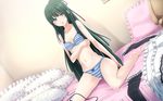  bed black_hair blush bra clothes_on_bed clothes_removed frilled_pillow frills game_cg garters green_eyes lingerie long_hair panties pillow rikudou_sui solo striped striped_bra striped_panties tel-o thighhighs underwear underwear_only very_long_hair yamiyo_ni_odore 