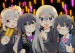  4girls :d ;d bangs black_hair black_hoodie black_jacket blazer blue_jacket blush bow brown_eyes closed_mouth collared_shirt commentary drawstring elf elu_(nijisanji) eyebrows_visible_through_hair fingernails flower grin hair_between_eyes hair_down hair_flower hair_ornament hairclip higuchi_kaede holding holding_microphone hood hood_down hoodie jacket light_stick long_hair microphone multiple_girls nijisanji one_eye_closed open_mouth orange_flower pink_bow pointy_ears purple_bow purple_eyes red_flower school_uniform shirt shizuka_rin side_ponytail sidelocks silver_hair smile sweat tears tsukino_mito very_long_hair virtual_youtuber white_shirt yamase 