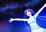  blue_eyes blue_hair breasts kyougoku_touya long_hair medium_breasts night open_mouth original outstretched_arms sky smile solo star_(sky) starry_sky 