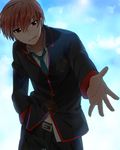  bad_id bad_pixiv_id belt brown_hair foreshortening jamijami little_busters! looking_at_viewer male_focus natsume_kyousuke navel outstretched_hand red_eyes school_uniform solo 