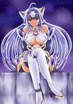  1girl android armor bare_shoulders black_gloves blue_hair breasts elbow_gloves gloves high_heels highres kos-mos large_breasts legs_crossed long_hair looking_at_viewer r-type_(integra1800) red_eyes shoes sitting solo thighhighs underboob very_long_hair white_legwear xenosaga xenosaga_episode_iii 