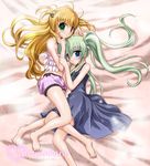  bare_shoulders bed blonde_hair blue_eyes blush camisole character_name dress einhart_stratos feet frills green_eyes green_hair hair_bobbles hair_ornament hair_ribbon long_hair lyrical_nanoha mahou_shoujo_lyrical_nanoha_vivid midriff multiple_girls navel red_eyes ribbon shinooka_itsuya shorts twintails vivio 