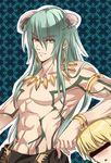  abs armlet bar_censor blonde_hair blue_hair bracelet censored earrings enkidu_(fate/strange_fake) fake_censor fate/strange_fake fate/zero fate_(series) gilgamesh green_eyes green_hair horns jewelry long_hair male_focus manly multiple_boys muscle necklace shirtless tattoo yy_(yytomb) 