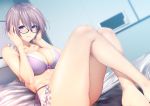  barefoot bed bra breasts cleavage cropped fate/grand_order fate_(series) glasses mash_kyrielight panties purple_eyes purple_hair short_hair underwear zucchini 