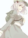  backpack bag hair_bobbles hair_ornament hat kawashiro_nitori long_sleeves open_mouth shiren_(monochrome_structure) short_hair side_ponytail silver_eyes silver_hair solo touhou two_side_up 