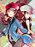  1boy 1girl hat long_hair looking_back open_mouth pokemon pokemon_(game) pokemon_bw santou_suihei shorts smile tegaki touko_(pokemon) touya_(pokemon) zipper 