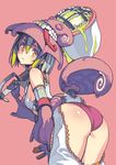  ass bare_shoulders black_gloves breasts brown_eyes chameleos_(armor) covered_nipples gloves grey_hair hat leaning_forward looking_at_viewer monster_hunter no_bra pink_background sasaoka_gungu short_hair simple_background slime small_breasts solo weapon 