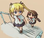  :&lt; blonde_hair blue_eyes blush_stickers briefcase brown_eyes brown_hair hair_ribbon kill_me_baby long_hair multiple_girls namu_(nurui_cha) necktie no_nose oribe_yasuna ribbon school_uniform short_hair short_sleeves skirt sonya_(kill_me_baby) stairs twintails 