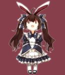  ahoge alternate_hairstyle animal_ears apron brown_hair bunny_ears chibi frills long_hair long_sleeves open_mouth puffy_sleeves red_eyes shiren_(monochrome_structure) solo standing star_sapphire touhou twintails v_arms wide_sleeves |_| 