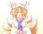  blonde_hair blush daidai_ookami fang fox_tail hat highres long_sleeves multiple_tails open_mouth short_hair slit_pupils solo tail touhou white_background wide_sleeves yakumo_ran yellow_eyes 